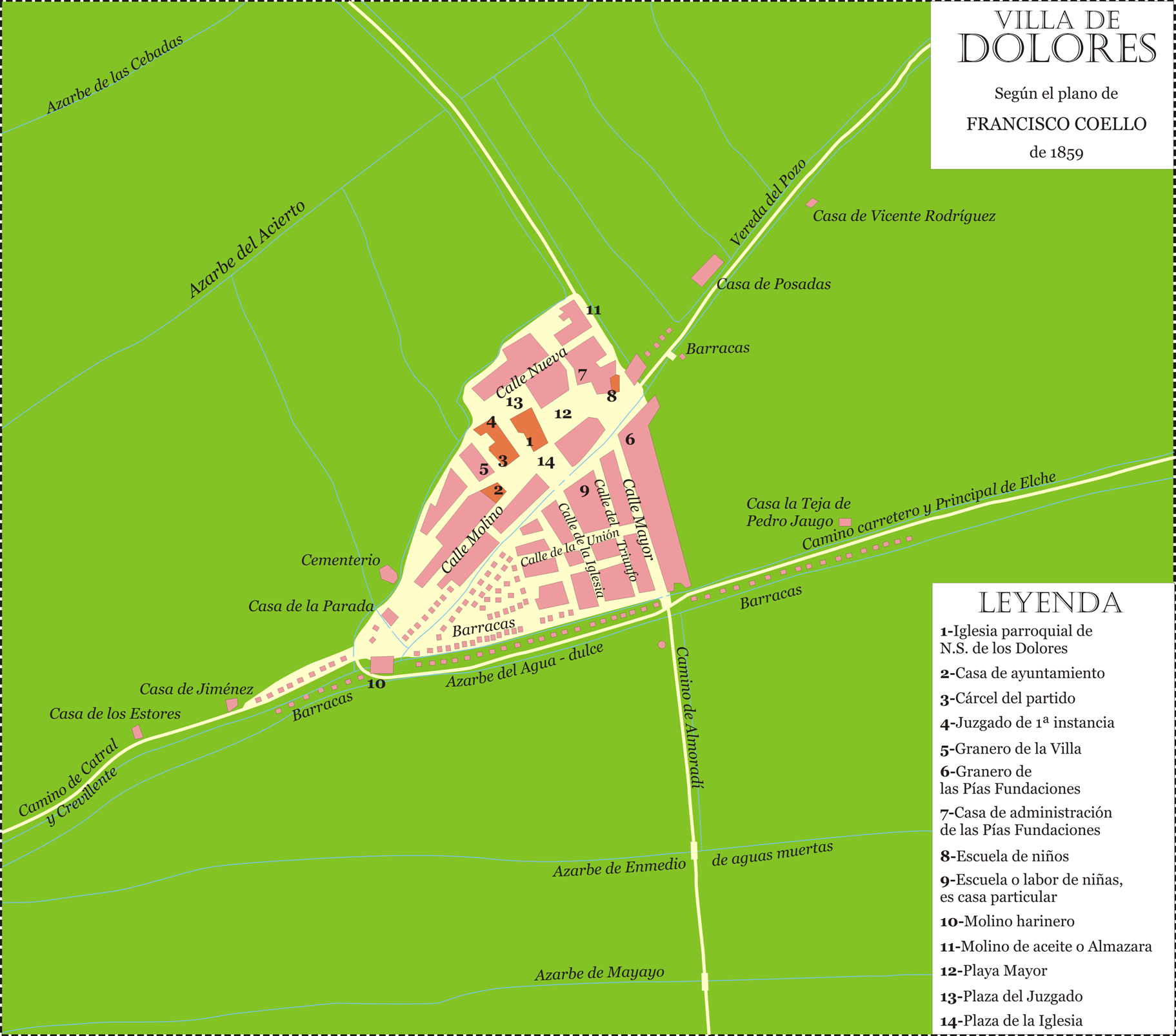 Plano histórico de la villa de Dolores (Alicante), fragmento del mapa de 1859.