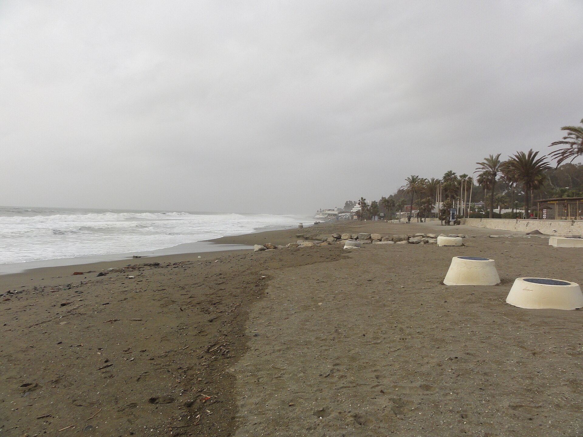 Playa de Marbella con oleaje y paseo junto a palmeras